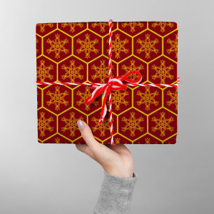 Honeycomb Snowflake Maroon Yellow Pattern Elegant Wrapping Paper