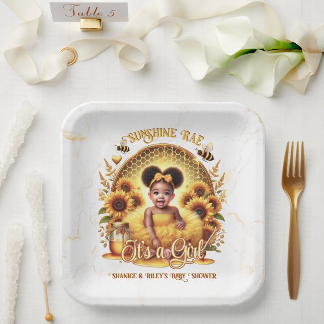 Honeycomb & Sunflowers Cute Afro Puff Baby Girl Paper Plate (Wedding)