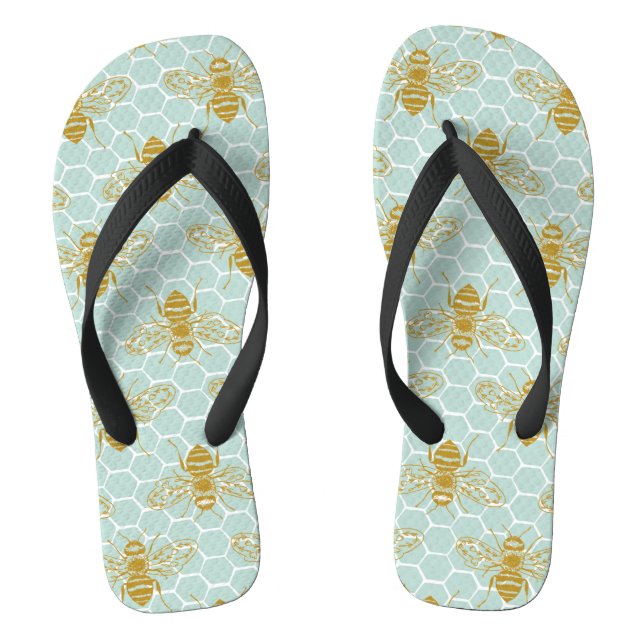 Honeycomb Teal and Bees Flip Flops (Footbed)