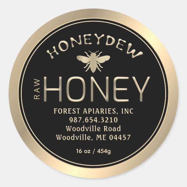 HONEYDEW FOREST HONEY Gold on Black with Bee  Classic Round Sticker (Front)