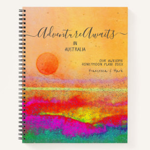 Honeymoon Adventure Awaits Orange Pink Sun Couple Notebook