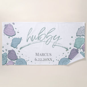 Honeymoon Beach -HUBBY Teal Lilac Modern Seashells Beach Towel