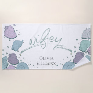 Honeymoon Beach WIFEY Teal Lilac Modern Seashells Beach Towel