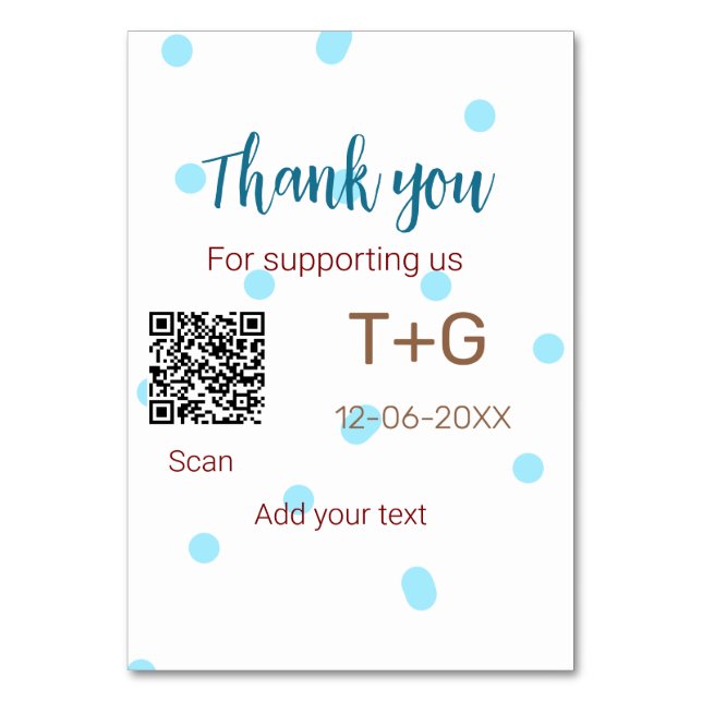 Honeymoon fund Add Q R code couple name wedding Table Number (Front)