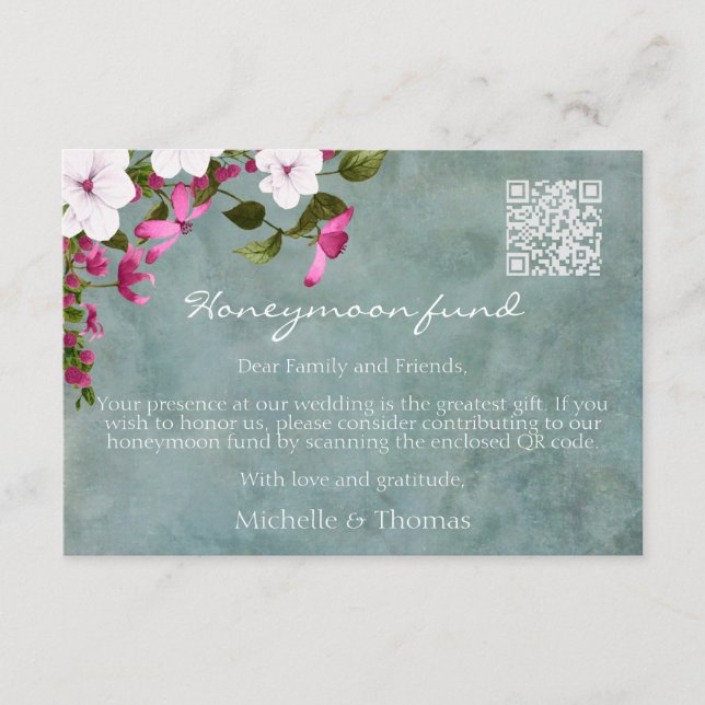 Honeymoon Fund Dusty Teal White Magenta Floral  Enclosure Card (Front)