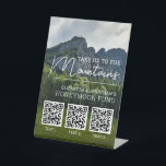 Honeymoon fund modern cash qr code pedestal sign<br><div class="desc">This alternative wedding registry Honeymoon Fund sign features the caption "Take us to the mountains" in modern white fonts over a mountain landscape picture background. Easily change the background photo with one of your choice, and add up to 3 QR Codes to invite your guests to make a contribution to...</div>