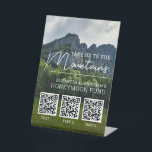 Honeymoon fund modern cash qr code pedestal sign<br><div class="desc">This alternative wedding registry Honeymoon Fund sign features the caption "Take us to the mountains" in modern white fonts over a mountain landscape picture background. Easily change the background photo with one of your choice, and add up to 3 QR Codes to invite your guests to make a contribution to...</div>