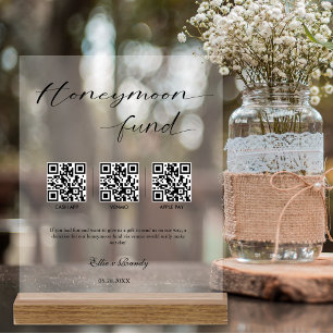 Honeymoon Fund Modern Cash QR Code Wedding Wooden Acrylic Sign