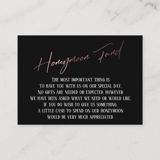 Honeymoon Fund Modern Rose Gold Handwriting Enclosure Card (Front)