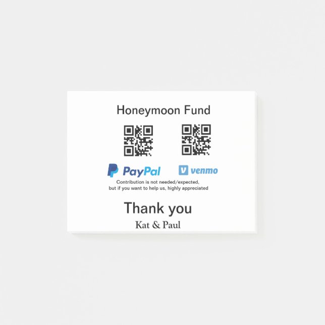 Honeymoon Fund PayPal Venmo QR code thank you Post-it Notes (Front)