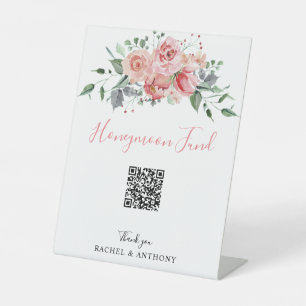 Honeymoon Fund QR Code Boho Wedding Floral Pink Pedestal Sign