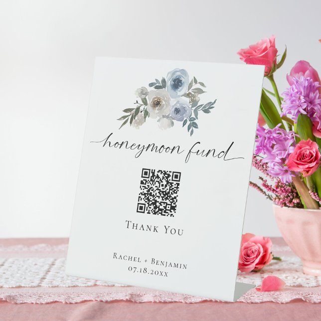 Honeymoon Fund QR Code Dusty Blue Wedding Pedestal Sign (Creator Uploaded)