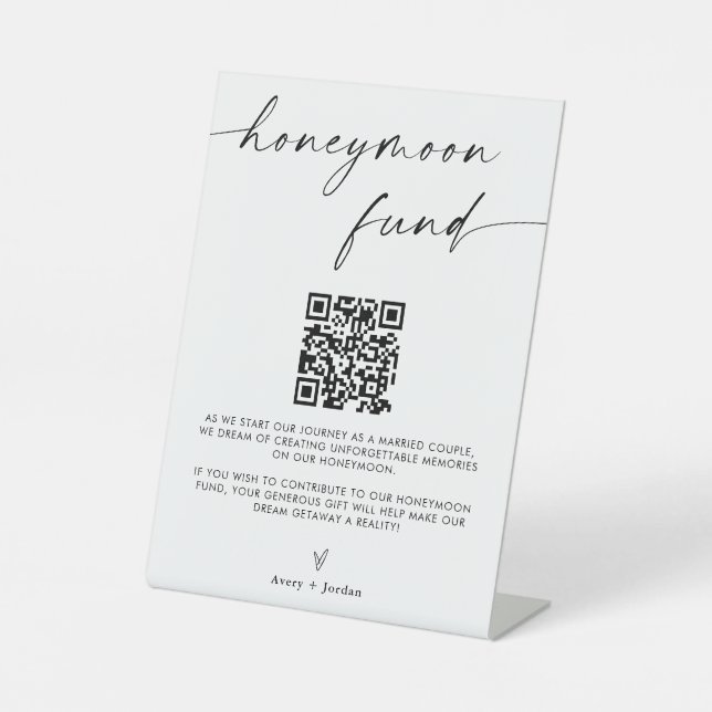 Honeymoon Fund QR Code Sign, Minimalist Wedding Pedestal Sign (Front)