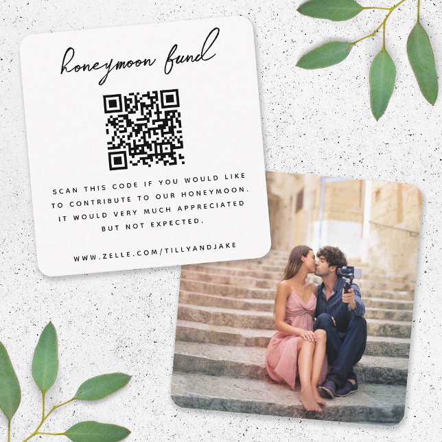 Honeymoon Fund QR Code Wedding Photo Minimal White Enclosure Card (Creator Uploaded)