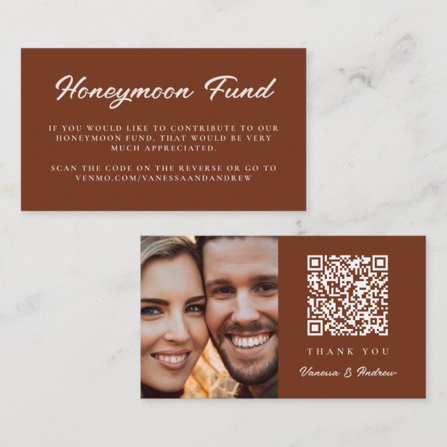 Honeymoon Fund QR Code Wedding Registry Rust Brown Enclosure Card (Front/Back)