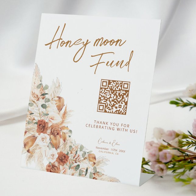 Honeymoon Fund QR Wedding Modern Rustic  Pedestal Sign (Creator Uploaded)