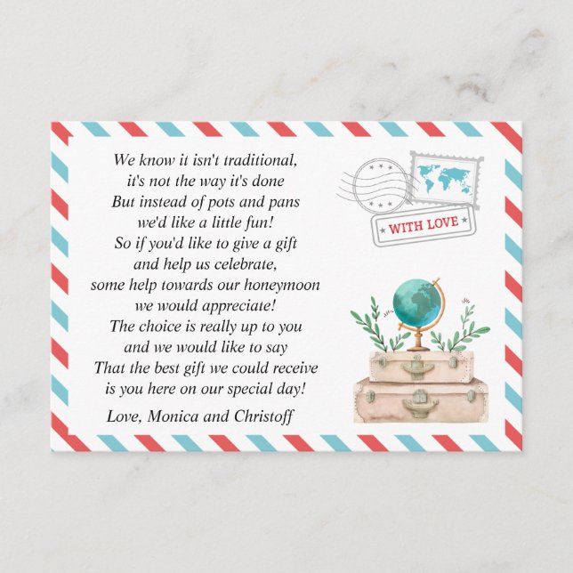 Honeymoon Fund Request World Travel Wedding Shower Enclosure Card (Front)