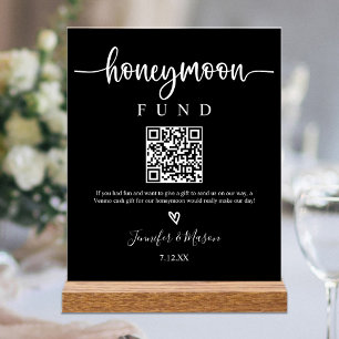 Honeymoon Fund Sign, QR Code Honeymoon Wish Black Acrylic Sign