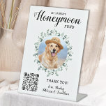 Honeymoon Fund Venmo QR Code Dog Photo Pet Wedding Pedestal Sign<br><div class="desc">Let your best dog be in charge of your honeymoon with this custom pet photo honeymoon fund sign. Perfect for dog lovers, and a dog honeymoon fund will be a hit at your wedding. Simple modern white with eucalyptus leaves. "My Parents Honeymoon Fund" Customise this pet wedding honeymoon fund sign...</div>