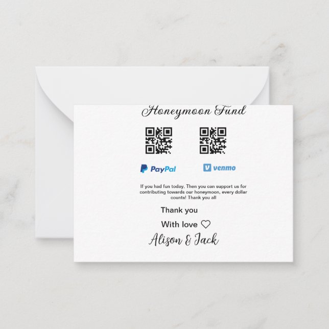 Honeymoon fund venomo paypal donation Q R couple Card (Front)