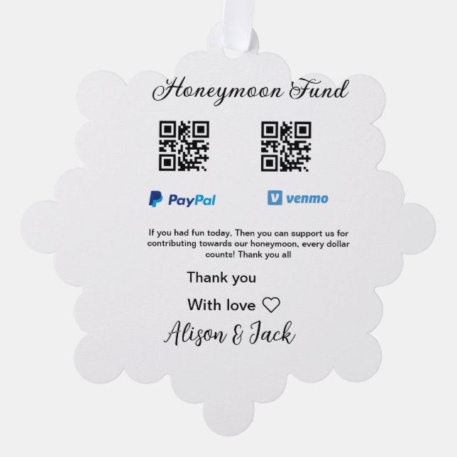 Honeymoon fund venomo paypal donation Q R couple Tree Decoration Card (Front)
