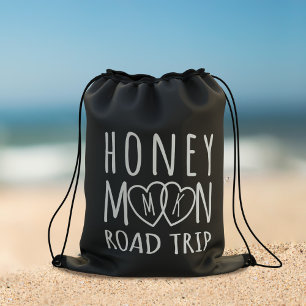 Honeymoon Road Trip Black and White Heart Monogram Drawstring Bag