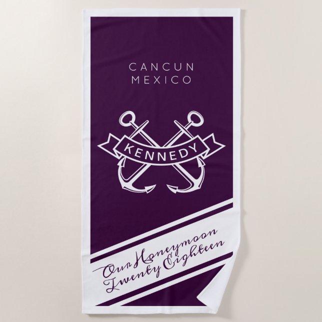 Honeymoon Vacation Destination, Year & Name Beach Towel (Front)