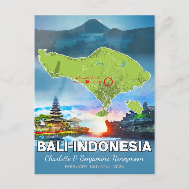 Honeymoon Vacation Memories - Bali Indonesia Map Postcard (Front)