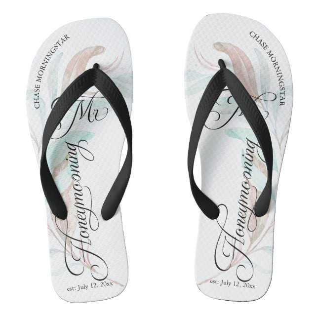 Honeymooning MR Watercolor Eucalyptus Leaves Flip Flops (Footbed)