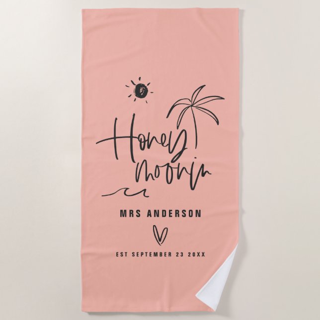 Honeymooning palm tree wedding gift beach towel (Front)