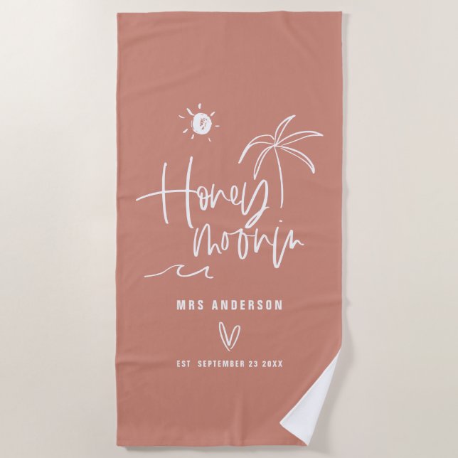 Honeymooning palm tree wedding gift beach towel (Front)