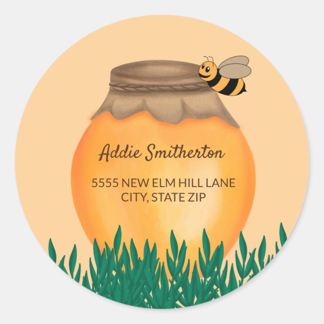Honeypot Bumblebee Yellow Baby Shower Address Classic Round Sticker (Front)