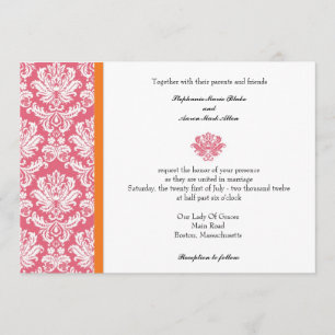 Honeysuckle and Coral Damask Wedding Invitation