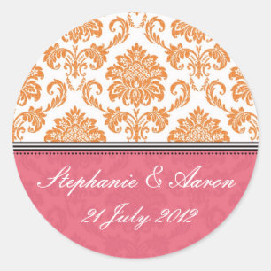 Honeysuckle and Tangerine Damask Wedding Sticker