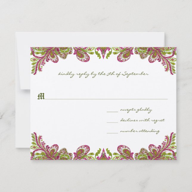 Honeysuckle &Chartreuse Vintage Paisley Wedding RSVP Card (Front)