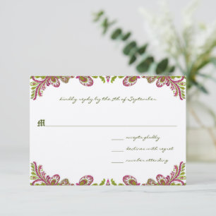 Honeysuckle &Chartreuse Vintage Paisley Wedding RSVP Card