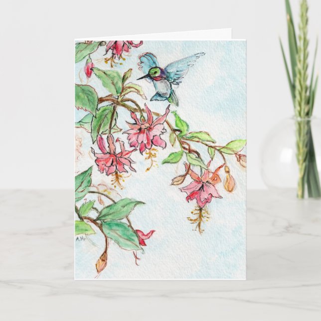 Honeysuckle Hummingbird watercolor greeting card (Front)
