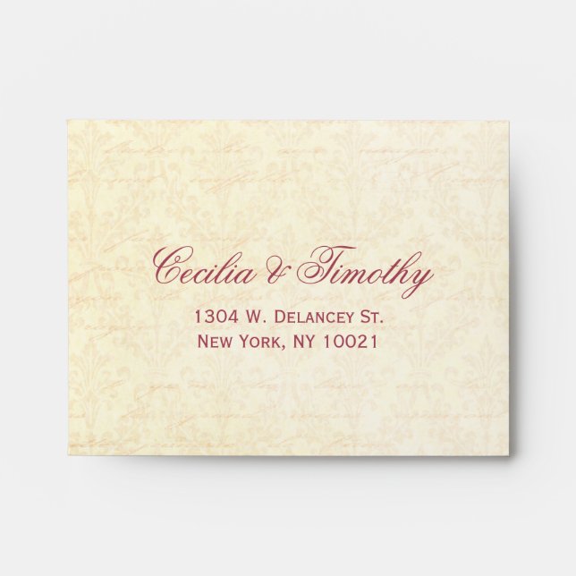 Honeysuckle & Ivory Damask: Wedding RSVP Linen A2 Envelope (Front)