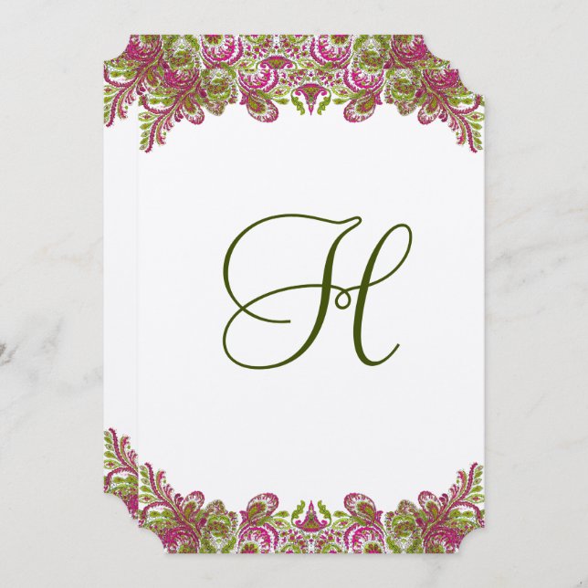 Honeysuckle Pink and Apple Green Paisley Wedding Invitation (Front/Back)