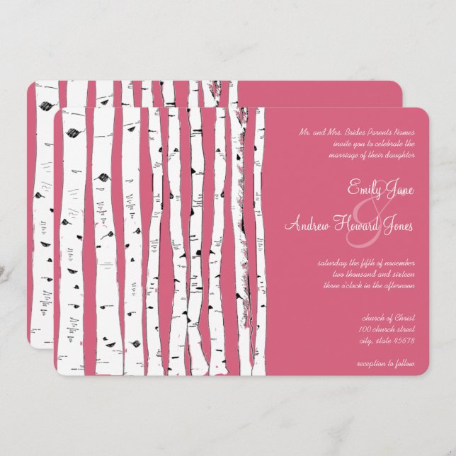 Honeysuckle Pink Birch Tree Wedding Invitations (Front/Back)