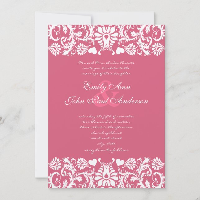 Honeysuckle Pink  Damask Swirls Wedding Invitation (Front)