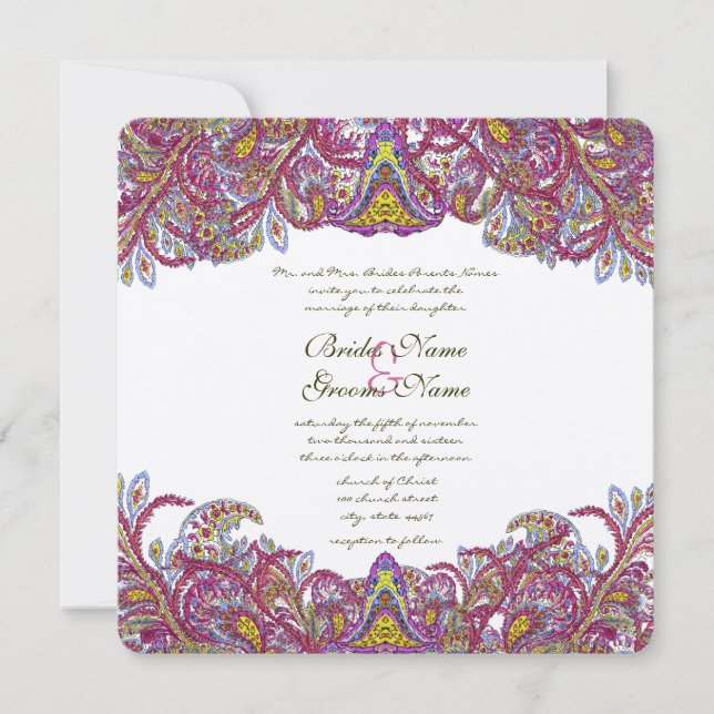 Honeysuckle Pink Peacock Paisley Wedding Invite (Front)