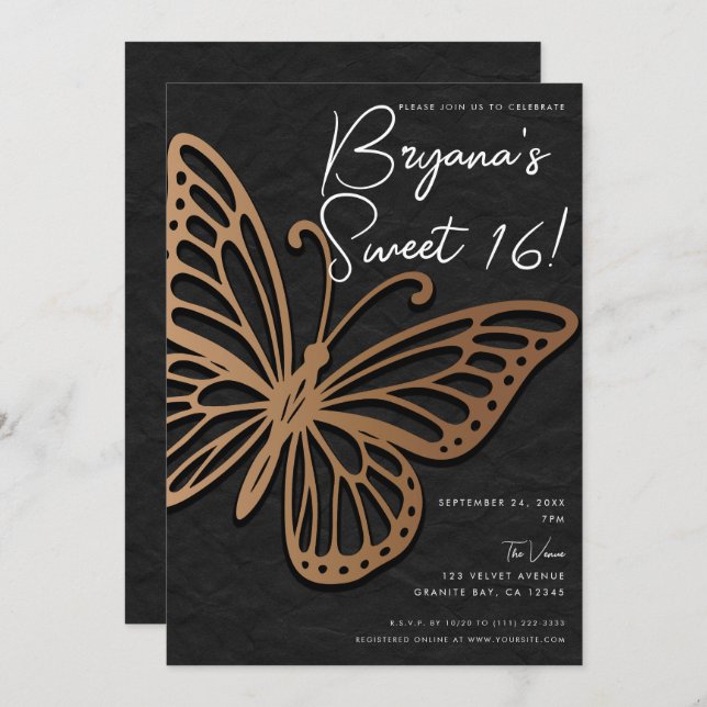 Honeywind Brown Black Boho Butterfly Sweet 16  Invitation (Front/Back)