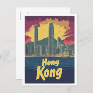 Hong Kong China Art Vintage Travel Illustration Postcard