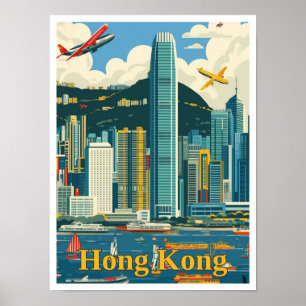 Hong Kong China Art Vintage Travel Illustration Poster
