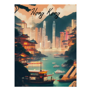 Hong Kong China Cityscape Travel Poster