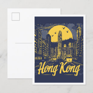 Hong Kong City Vintage Travel Illustration Postcard