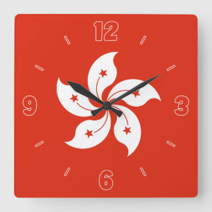 Hong Kong Flag Red White Orchid Numbers Patriotic Square Wall Clock