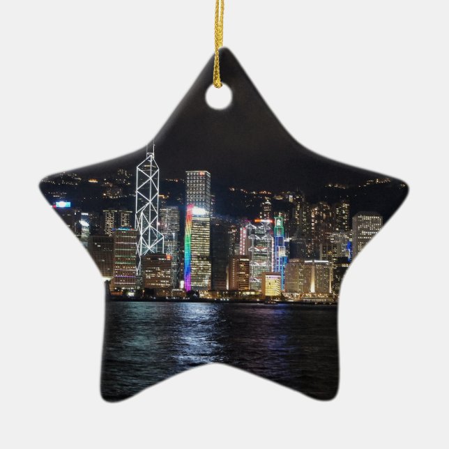 Hong Kong Harbour at night Ceramic Tree Decoration (Front)