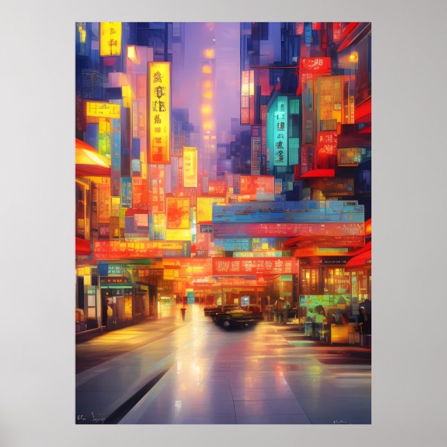 Hong Kong Neon Lights Colourful Cityscape Poster (Front)